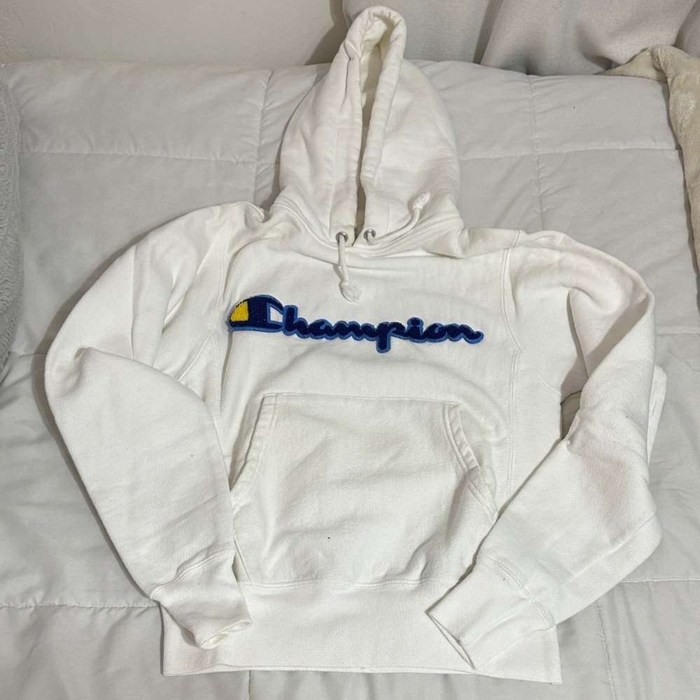 Champion White Hoodie with Blue and Yellow Logo